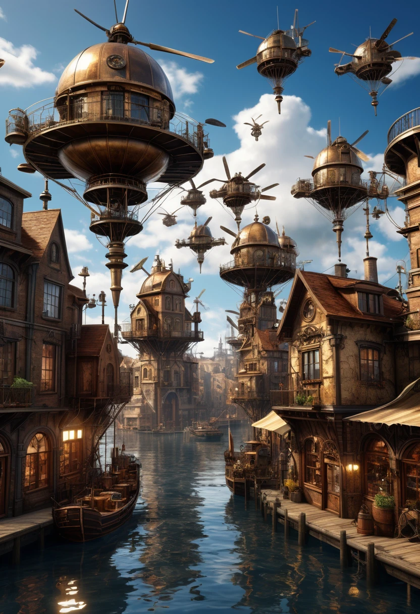 (Highest quality,4K,8K,High resolution,masterpiece:1.2),Super detailed,(Realistic,photoRealistic,photo-Realistic:1.37),floating, Intricate Steampunk city floating on a cloud,Steampunk-style windmills and propellers galore,Da Vinci-style wings, Dramatic skies and dramatic lighting,Artistic Perspective
