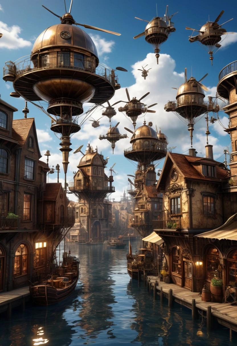 (la plus haute qualité,4k,8k,haute résolution,chef-d&#39;œuvre:1.2),Super détaillé,(Réaliste,photoRéaliste,photo-Réaliste:1.37),flottant, Intricate Steampunk city flottant on a cloud,Moulins à vent et hélices de style steampunk à profusion,Ailes de style Léonard de Vinci, Ciel dramatique et éclairage dramatique,point de vue artistique