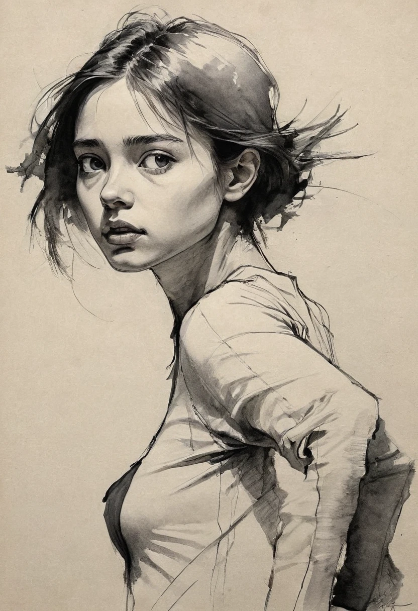 (best quality, highres, masterpiece:1.2), ultra-detailed, realistic:1.37, black ink sketches, smooth lines, expressive facial expressions and postures, minimalistic background, emphasis on light and shadow and spatial perception, abundant negative space, young girl.