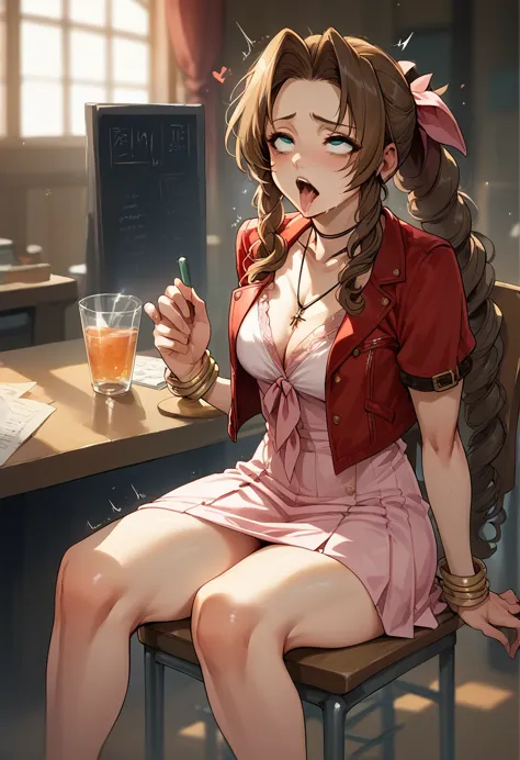 aerith wearing a wrap skirt、incontinence while sitting on a chair、ahegao