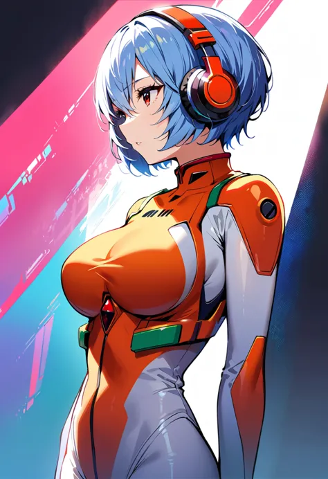 (best quality:1.2),1 Girl,Solitary,Ayanami Rei,White tights,Red Eyes,Pilot suit,short hair,Blue Hair,Bangs,Interface Headphones,...