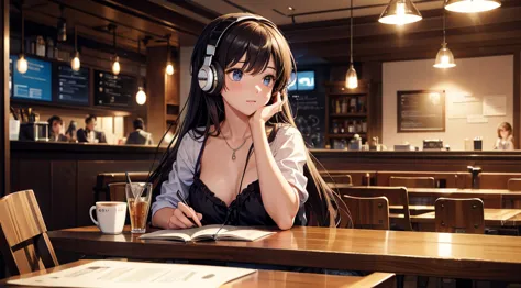 girl with headphones enjoying music in a cafe　i am studying　emphasize a little bit of the chest