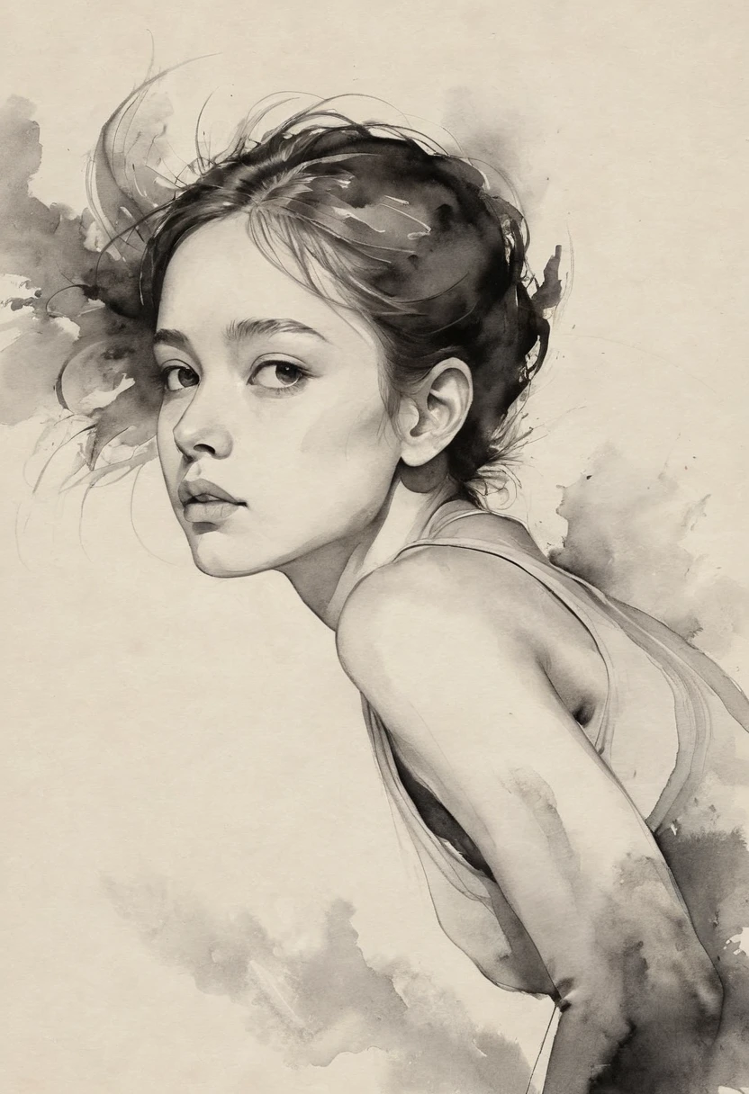 (best quality, highres, masterpiece:1.2), ultra-detailed, realistic:1.37, black ink sketches, smooth lines, expressive facial expressions and postures, minimalistic background, emphasis on light and shadow and spatial perception, abundant negative space, young girl.ink portrait,smooth flowing lines,expressive facial features,delicate emotions,contrast of ink intensity,simple background,emphasis on light and shadow,spaciousness,abundant negative space,peaceful ambiance,serene atmosphere,dreamy mood,subtle yet captivating details,subdued colors,calm and introspective,graceful posture,gentle movements,tender and innocent,whisper of elegance,quiet elegance,radiant glow,sublime beauty,vector illustration,black and white,natural and organic,nurturing and calming,sublime simplicity,ethereal charm.