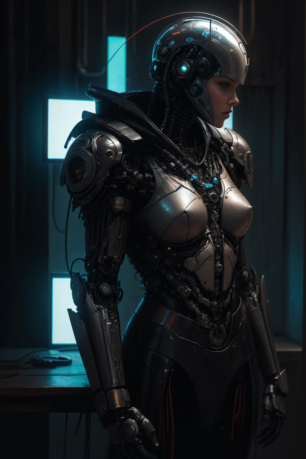 a robotic, metal body, neon lights on your body, cables, robotic mechanisms, dynamic pose, (Best Quality,4k,8k,high resolution,Masterpiece:1.2),ultra detailed,(realist,photorealist,photo-realist:1.37),cinematic lighting,Highly detailed mechanical parts,dynamic action pose,elegant metallic texture,bright neon reflections,intricate robotic features,advanced technology,futuristic cyberpunk,vibrant color palette