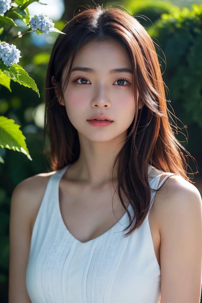 A highly detailed, photorealistic portrait of a beautiful young Asian woman with smooth skin, large expressive eyes, and natural makeup. She is surrounded by lush hydrangea bushes, with soft lighting and a shallow depth of field. The background is slightly blurred to emphasize her face. The image should capture her serene and gentle expression, with a focus on her delicate features and the natural beauty of the scene. High resolution, 8K, ultra-detailed, masterpiece, best quality. ((China dress))、((Upper Body:1.3))