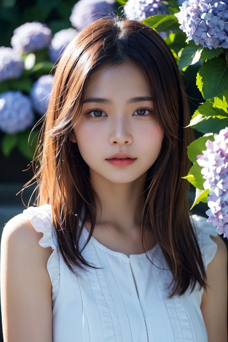 A highly detailed, photorealistic portrait of a beautiful young Asian woman with smooth skin, large expressive eyes, and natural makeup. She is surrounded by lush hydrangea bushes, with soft lighting and a shallow depth of field. The background is slightly blurred to emphasize her face. The image should capture her serene and gentle expression, with a focus on her delicate features and the natural beauty of the scene. High resolution, 8K, ultra-detailed, masterpiece, best quality. ((China dress))、((Upper Body:1.3))