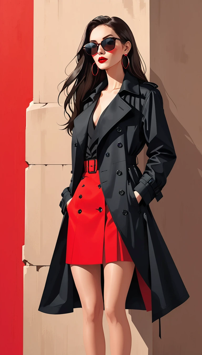 Ilustração vetorial simples，Linda garota em pé contra a parede，delicados lábios vermelhos，unique，confiança，cabelo longo e liso，oculos de sol，Brincos exagerados，unique，Olhando para o público），（(Trench coat preto com V profundo：1.37，Saia vermelha)）。olhando de baixo para cima，Luz e sombra geométricas，Fundo vermelho limpo e simples，assistir