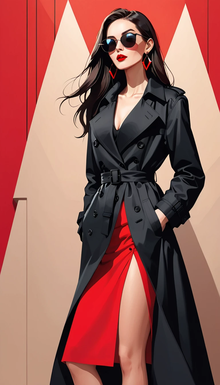 Simple vector illustration，Beautiful girl standing against the wall，Delicate red lips，unique，confidence，Long straight hair，sunglasses，Exaggerated earrings，unique，Staring at the audience），（(Black deep V trench coat：1.37，Red bottoming skirt)）。Looking from the bottom up，Geometric Light and Shadow，Clean and simple red background，watch