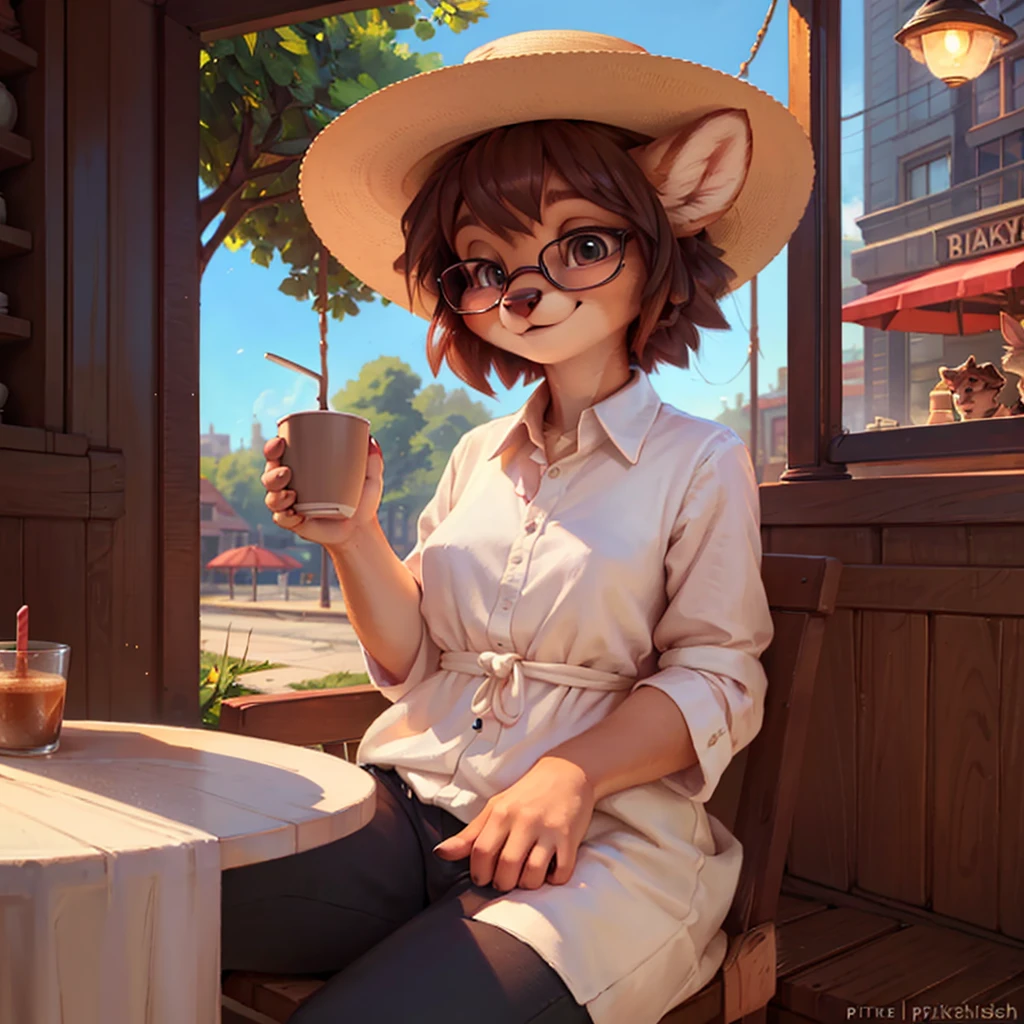 uploaded on e621, by Pixelsketcher, by Bayard Wu, by Thomas Benjamin Kennington , by Einshelm, by hioshiru and kenket, Chunie, portrait, solo anthro female deer doe, tiny featureless breasts, tiny breasts, clear dark blue, cinematic lighting, day, sunny day, sitting outside at a café, café background, french background, old french background, shiny, short curly dark brown hair, short hair, wears big black nerd glasses, very very beautiful furry art, furry art, thoughtful, shiny, feminine, cute face, muzzle, fluffy chest, flawless face, Fallow deer, 1girl, Sakimichan is beautiful, Masterpiece, Wavethesallow Face, shiny, Detailed image, portrait, Detailed image, portrait, wears pure white wide, big blouse, wears beige summer straw hat, shiny, realistic face, perfect anatomy, hourglass body, anthropomorphic deer, happy, very happy, small ears, huge black nerd glasses, wide happy eyes, look at viewer, smiles, big smile, holds with both hands a cup of coffee, hourglass body, (furry body:1.1), anthropomorphic deer, small fluffy tail, detailed background, (cute anatomy:1.1), looks into the distance
