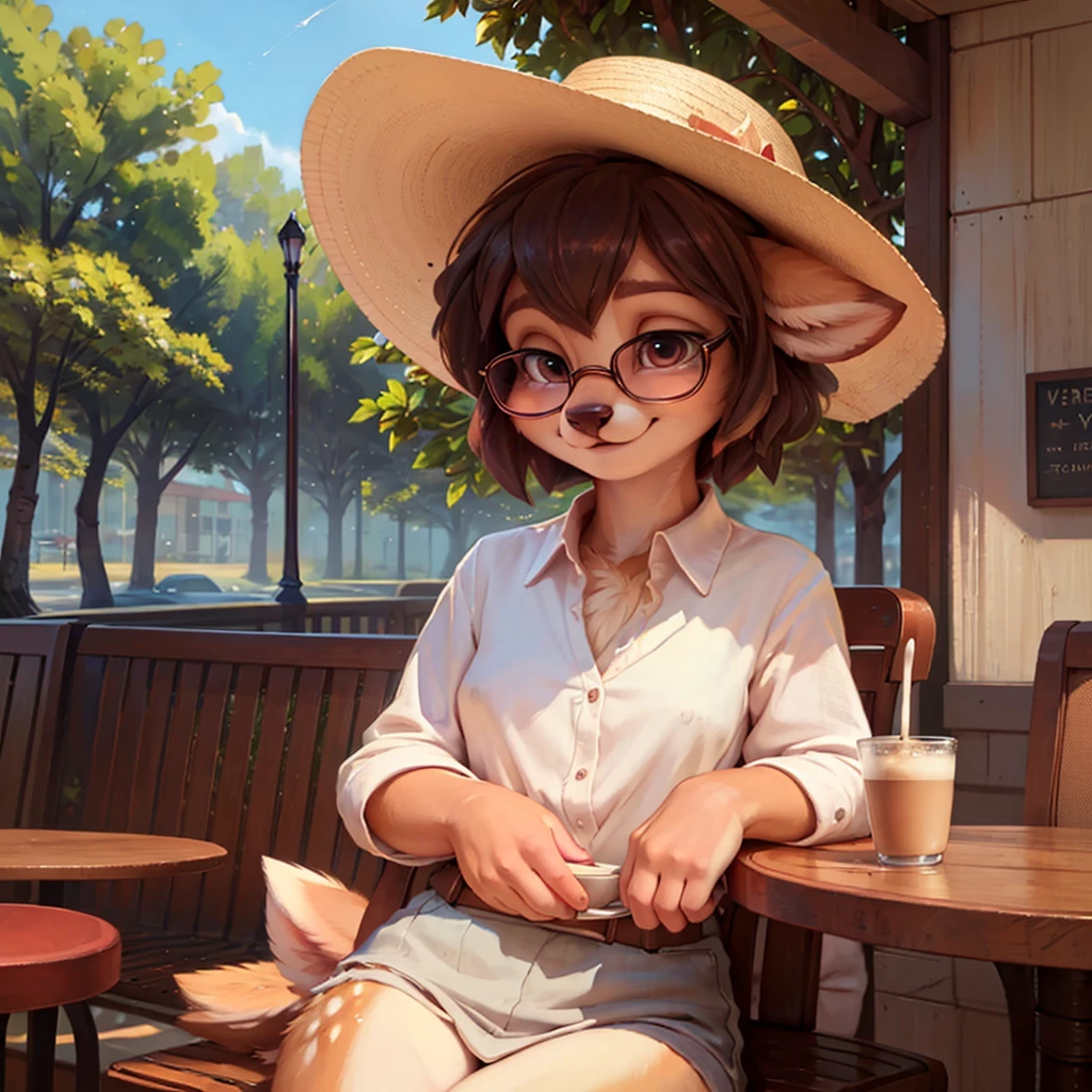 uploaded on e621, by Pixelsketcher, by Bayard Wu, by Thomas Benjamin Kennington , by Einshelm, by hioshiru and kenket, Chunie, portrait, solo anthro female deer doe, tiny featureless breasts, tiny breasts, clear dark blue, cinematic lighting, day, sunny day, sitting outside at a café, café background, french background, old french background, shiny, short curly dark brown hair, short hair, wears big black nerd glasses, very very beautiful furry art, furry art, thoughtful, shiny, feminine, cute face, muzzle, fluffy chest, flawless face, Fallow deer, 1girl, Sakimichan is beautiful, Masterpiece, Wavethesallow Face, shiny, Detailed image, portrait, Detailed image, portrait, wears pure white wide, big blouse, wears beige summer straw hat, shiny, realistic face, perfect anatomy, hourglass body, anthropomorphic deer, happy, very happy, small ears, huge black nerd glasses, wide happy eyes, look at viewer, smiles, big smile, holds with both hands a cup of coffee, hourglass body, (furry body:1.1), anthropomorphic deer, small fluffy tail, detailed background, (cute anatomy:1.1), looks into the distance
