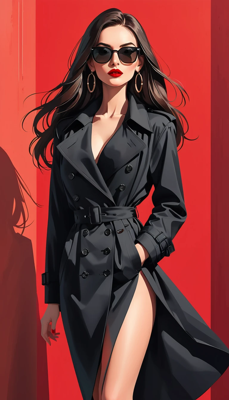 Simple vector illustration，Beautiful girl standing against the wall，Delicate red lips，unique，confidence，Long straight hair，sunglasses，Exaggerated earrings，unique，Staring at the audience），（(Black deep V trench coat：1.37，Red bottoming skirt)）。Looking from the bottom up，Geometric Light and Shadow，Clean and simple red background，watch