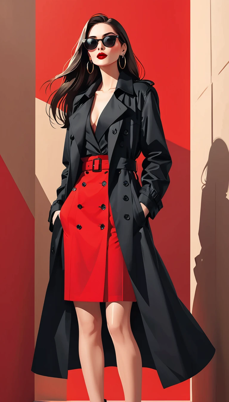 Simple vector illustration，Beautiful girl standing against the wall，Delicate red lips，unique，confidence，Long straight hair，sunglasses，Exaggerated earrings，unique，Staring at the audience），（(Black deep V trench coat：1.37，Red bottoming skirt)）。Looking from the bottom up，Geometric Light and Shadow，Clean and simple red background，watch