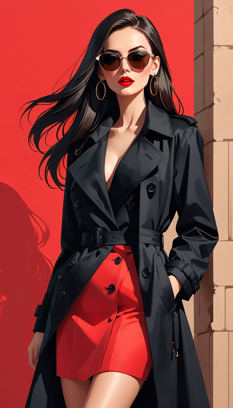 Simple vector illustration，Beautiful girl standing against the wall，Delicate red lips，unique，confidence，Long straight hair，sunglasses，Exaggerated earrings，unique，Staring at the audience），（(Black deep V trench coat：1.37，Red bottoming skirt)）。Looking from the bottom up，Geometric Light and Shadow，Clean and simple red background，watch