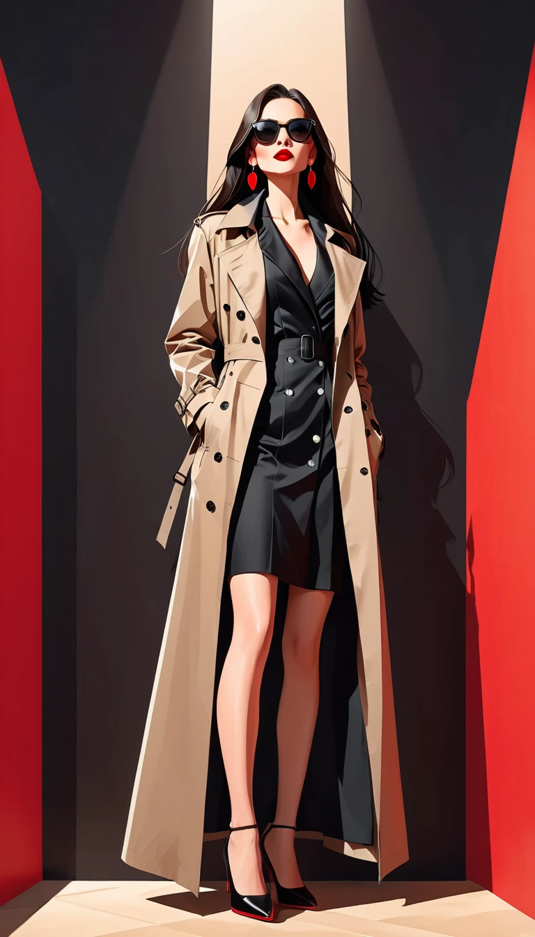 Simple vector illustration，Beautiful girl standing against the wall，Delicate red lips，unique，confidence，Long straight hair，sunglasses，Exaggerated earrings，unique，Staring at the audience），（Black deep V trench coat：1.37，Red bottoming skirt）。Looking from the bottom up，Geometric Light and Shadow，Clean and simple red background