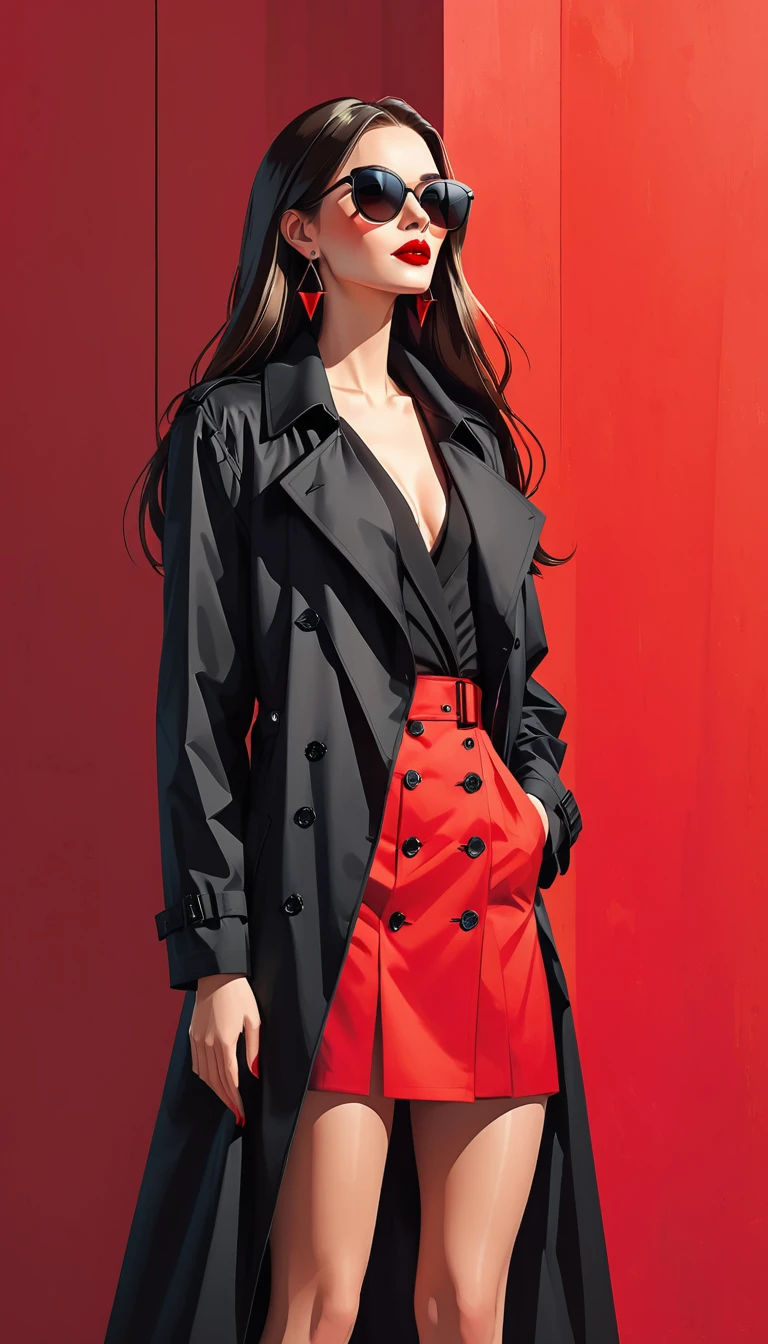 Ilustração vetorial simples，Linda garota em pé contra a parede，delicados lábios vermelhos，unique，confiança，cabelo longo e liso，oculos de sol，Brincos exagerados，unique，Olhando para o público），（Trench coat preto com V profundo：1.37，Saia vermelha）。olhando de baixo para cima，Luz e sombra geométricas，Fundo vermelho limpo e simples