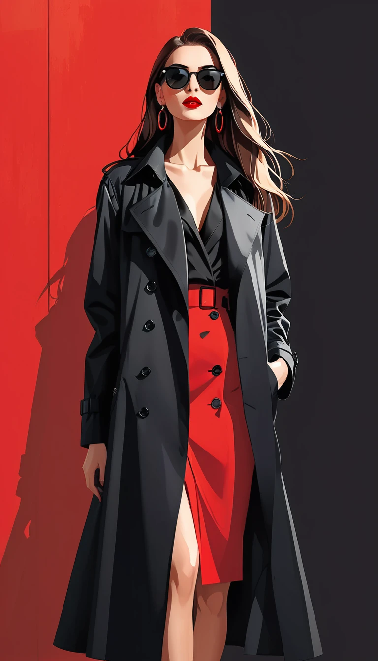 Ilustração vetorial simples，Linda garota em pé contra a parede，delicados lábios vermelhos，unique，confiança，cabelo longo e liso，oculos de sol，Brincos exagerados，unique，Olhando para o público），（Trench coat preto com V profundo：1.37，Saia vermelha）。olhando de baixo para cima，Luz e sombra geométricas，Fundo vermelho limpo e simples