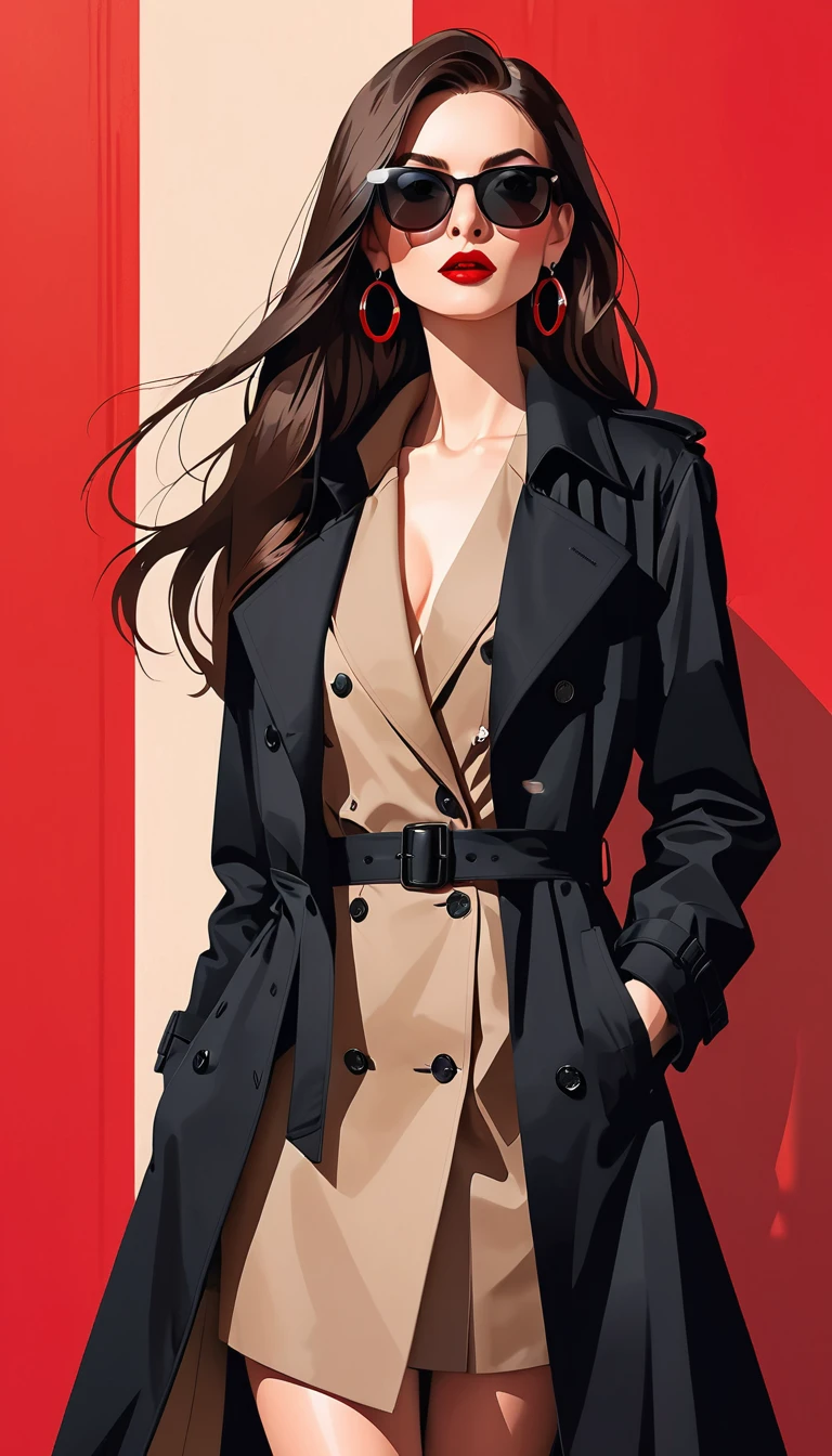 Ilustração vetorial simples，Linda garota em pé contra a parede，delicados lábios vermelhos，unique，confiança，cabelo longo e liso，oculos de sol，Brincos exagerados，unique，Olhando para o público），（Trench coat preto com V profundo：1.37，Saia vermelha）。olhando de baixo para cima，Luz e sombra geométricas，Fundo vermelho limpo e simples