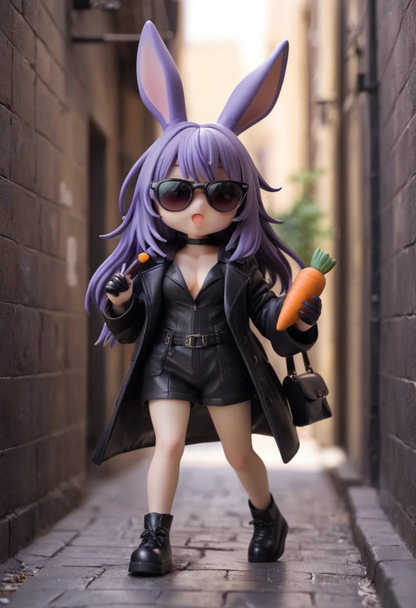 cute, absurd, fun, an adorable purple rabbit, wearing sunglasses and a black leather coat, with carrots stuffed in his pockets, sneaking suspiciously into an alley, cinematic, dramatic, CG cartoon, masterpiece, dynamic view , full body,