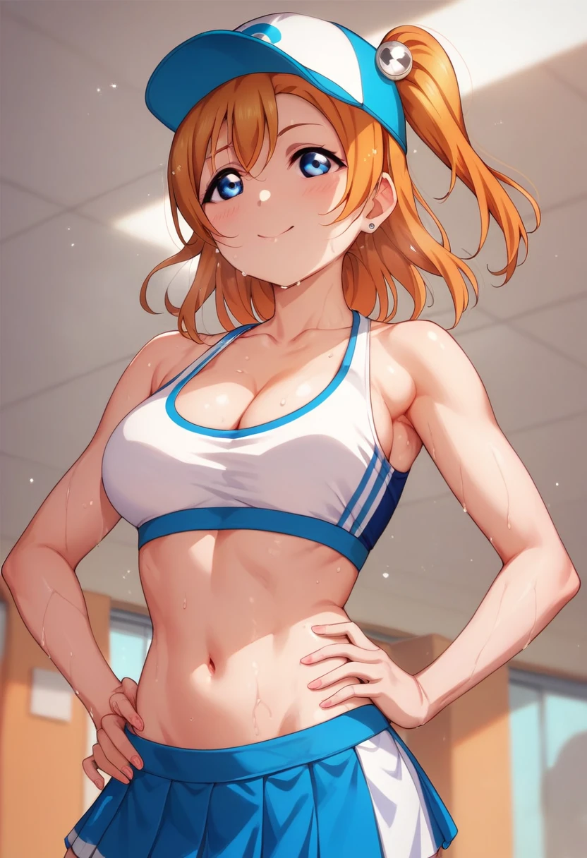 Honoka kousaka love live, cowboy shot, blue eyes, orange hair, micro skirt, tinnies crop top,cap, sweating, cleavage , tinnies stadium ,hand on hip, school sports room