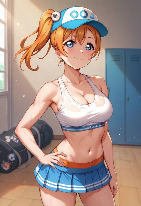 honoka kousaka love live, cowboy shot, blue eyes, orange hair, micro skirt, tinnies crop top,cap, sweating, cleavage , tinnies s...