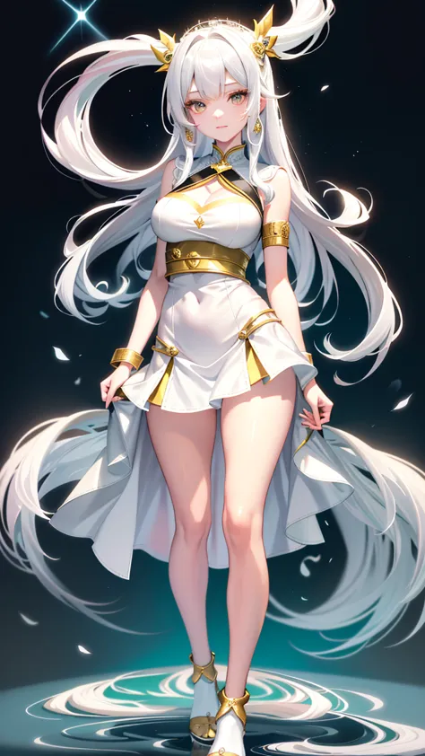 anime girl in white with a flowing white dress and gold accents., whole xianxia, white haired god, ((beautiful fantasy empress))...