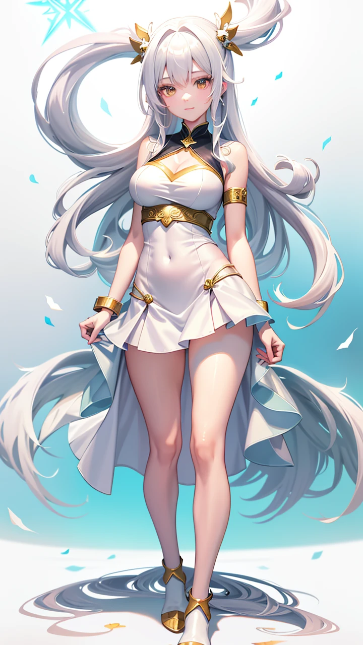 Anime girl in white with a flowing white dress and gold accents., Whole Xianxia, white haired god, ((Beautiful Fantasy Empress)), flowing white coat, anime goddess, Hess Jinyao, Beautiful Fantasy Empress, long, fine white hair, Flowing magic cloak, Anime Barbie in a white dress, beautiful heavenly mage, goddess. Very high detail