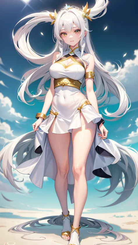 anime girl in white with a flowing white dress and gold accents., whole xianxia, white haired god, ((beautiful fantasy empress))...