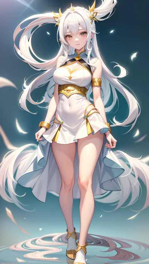 anime girl in white with a flowing white dress and gold accents., whole xianxia, white haired god, ((beautiful fantasy empress))...