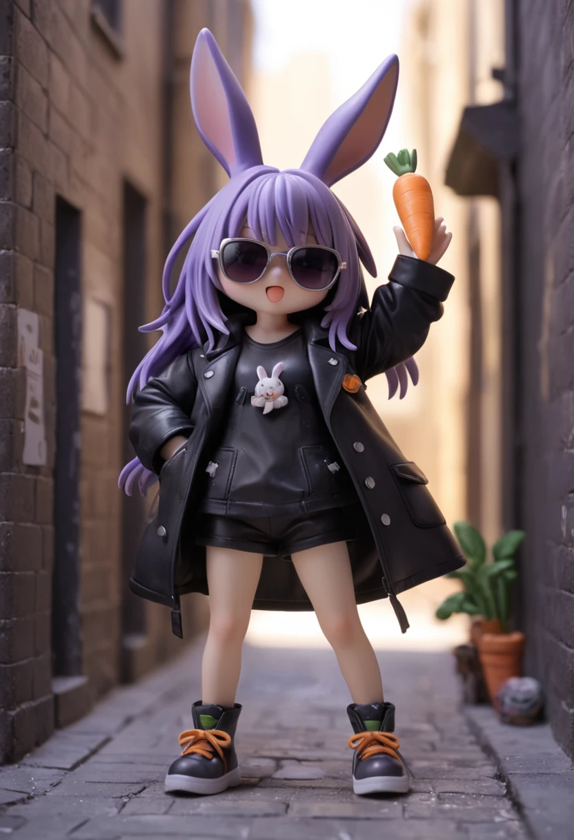 cute, absurd, fun, an adorable purple rabbit, wearing sunglasses and a black leather coat, with carrots stuffed in his pockets, sneaking suspiciously into an alley, cinematic, dramatic, CG cartoon, masterpiece, dynamic view , full body,