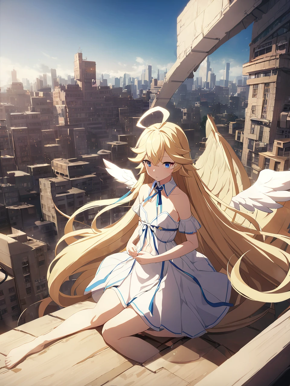 Zaora, blue eyes, (Variegated eyes:0.5), Blonde, Very long hair, Twin Blade, bangs, Ahoge, Hello, Angel, Flat Chest, White Dress, Belly button cutout, Detachable collar, Strapless, Neck ribbon, Bare shoulders, Angel wings, barefoot, One girl, Solo Break Space, City, Depth of written boundary, Cinematic, masterpiece, Highest quality, Game CG