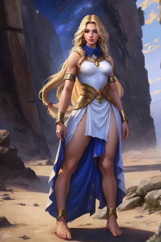 ((best quality)), ((masterpiece)), (detailed), A warrior girl in an apocalyptic world that has become a technocracy. She believes in God and the Stars, she is dressed in a tunic that covers her from shoulders to bare feet. She's humble, the dress Is a bit damaged but really elegant. She looks like a goddess, but She Is deeply human, she is poor but has strong arms and legs and very feminine breasts, like Venus. She comes from Siberia but also has something of the Middle East. Olive skin but long blonde hair. She will save the world