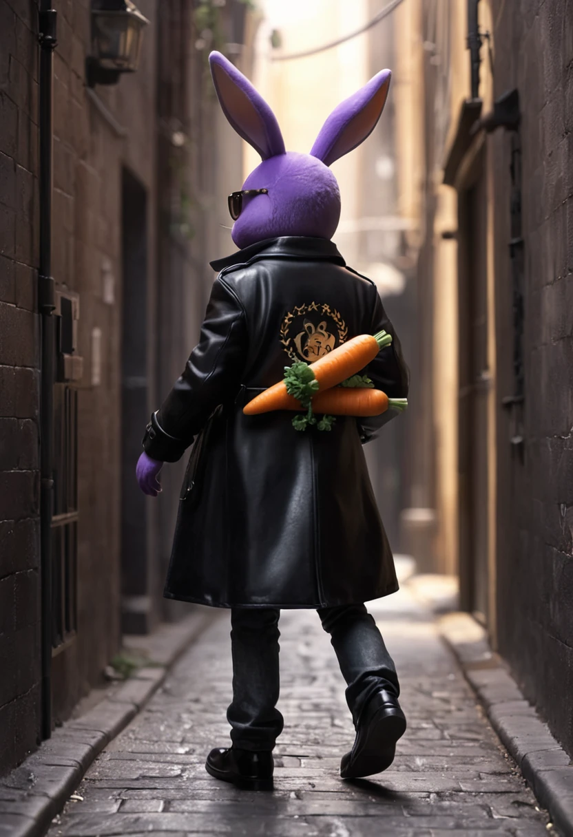 cute, absurd, fun, an adorable purple rabbit, wearing sunglasses and a black leather coat, with carrots stuffed in his pockets, sneaking suspiciously into an alley, cinematic, dramatic, CG cartoon, masterpiece, dynamic view , full body,