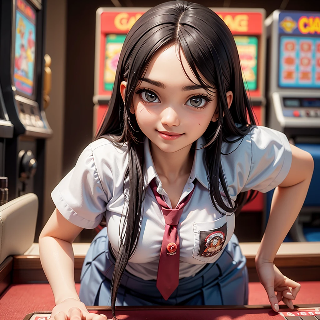 happy and smile, {{indonesian girl}}, {wearing high school uniform}, teasing and waiting customer play, standing, playing in casino, red casino background, polite and kind, Sweet Face, roulette table, poker table, colourfull slot machines