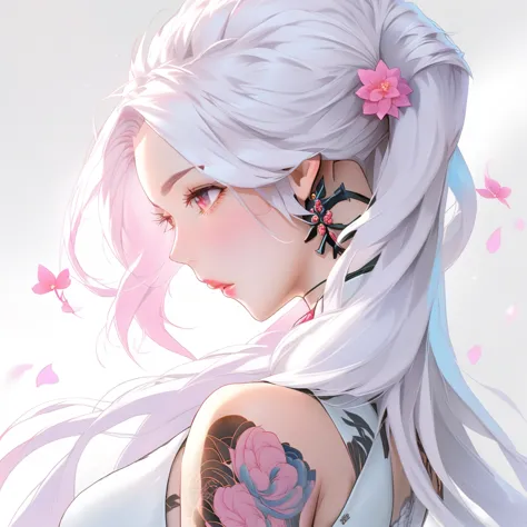 anime girl with long white hair and pink tattoo on chest, anime girl profile, beautiful anime girl, white hair girl, beautiful a...