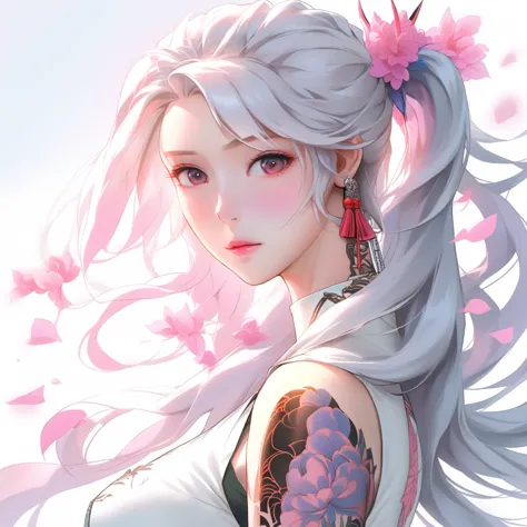 anime girl with long white hair and pink tattoo on chest, anime girl profile, beautiful anime girl, white hair girl, beautiful a...