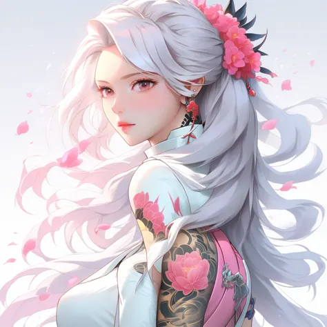 anime girl with long white hair and pink tattoo on chest, anime girl profile, beautiful anime girl, white hair girl, beautiful a...