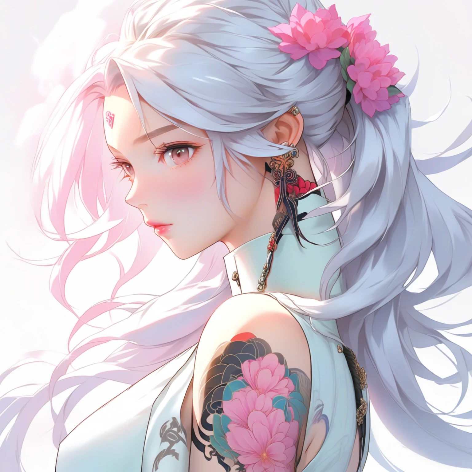 Anime girl with long white hair and pink tattoo on chest, Anime Girl Profile, Beautiful anime girl, White hair girl, Beautiful anime woman, Smooth anime CG art, Perfect white-haired girl, White-haired deity, detailed Digital Animation Art, Beautiful anime portrait, Silver Hair girl, Digital Animation Art, Tifa Lockhart white hair, Silver Hair (Ponytail)