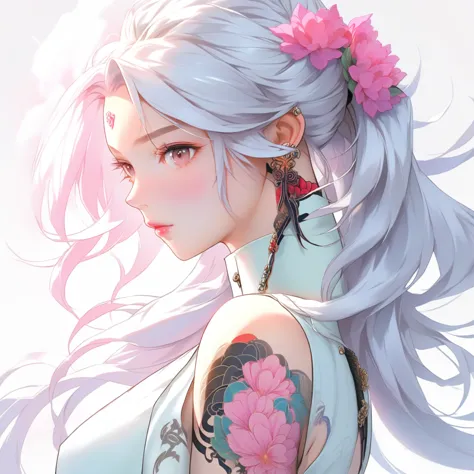 anime girl with long white hair and pink tattoo on chest, anime girl profile, beautiful anime girl, white hair girl, beautiful a...