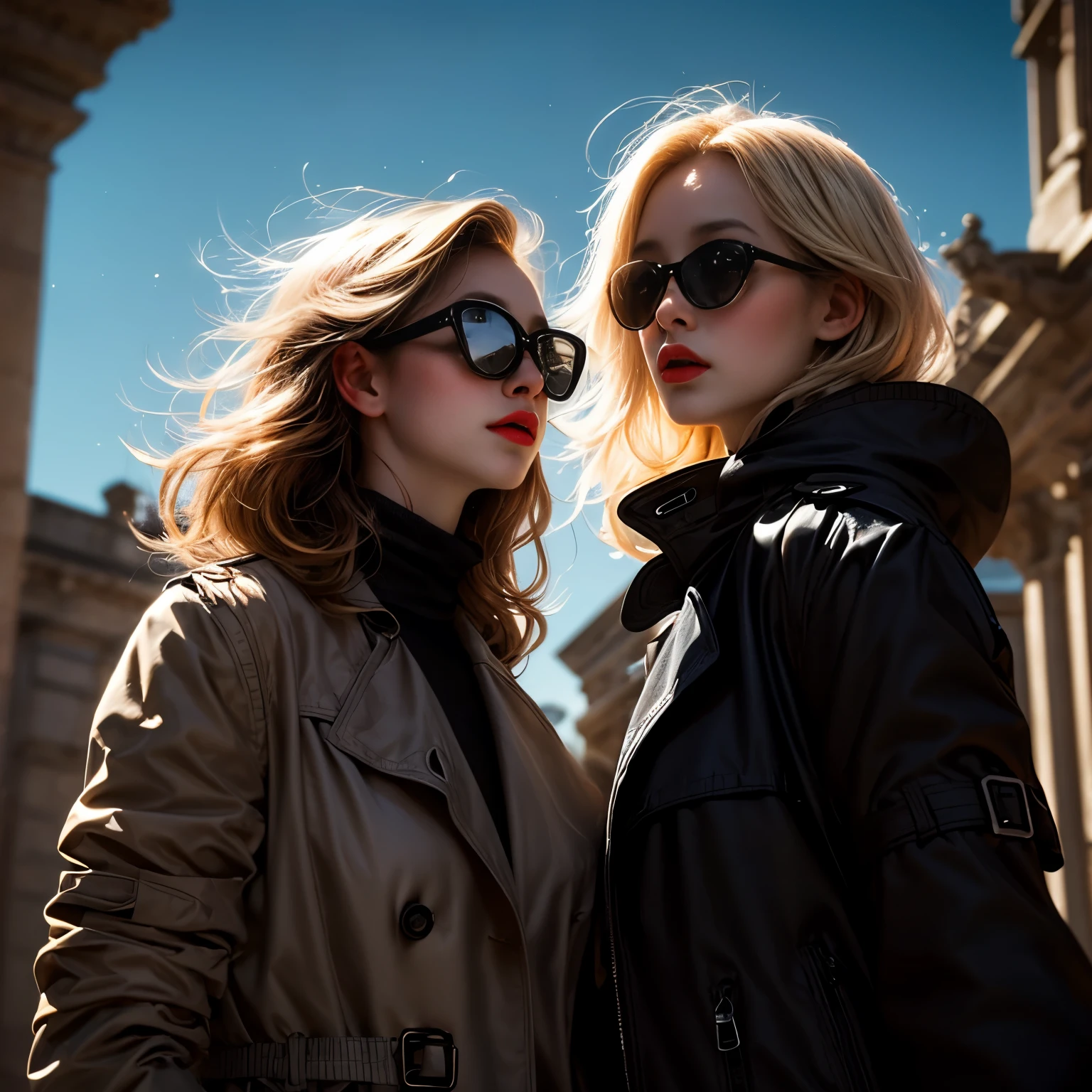 Ganzkörper, 1 Frau, Blondes kurzes Bob-Haar, Leuchtend roter Lippenstift, große Sonnenbrille, Stiefel, weißer, eng anliegender Rollkragenpullover, Burberry-kariertes Rock, woman in schwarzer Trenchcoat (schwarzer Trenchcoat:1.7), wunderschön detaillierte Augen, Wunderschön detaillierte Lippen, sehr detaillierte Augen und Gesicht, lange Wimpern, 1 Mädchen, elegant, geheimnisvoll, dramatische Beleuchtung, stimmungsvolle Atmosphäre, Dunkel und körnig, Chiaroscuro, Hoher Kontrast, filmisch, Neo-Noir, Dramatische Schatten, Dramatische Höhepunkte, Dämmerung Himmel, Sonnenuntergang Himmel, sehr schöner, farbiger Himmel, Natürliches Licht, realistisch, photorealistisch, photorealistisch:1.37, höchste Qualität, 4k, 8k, Hohe Auflösung, Meisterwerk:1.2, Extrem detailliert, filmisch composition, dramatische pose, atmosphärisch, emotional, anregend, Beeindruckend, (paris, schöne Aussicht, von unten), Landschaft