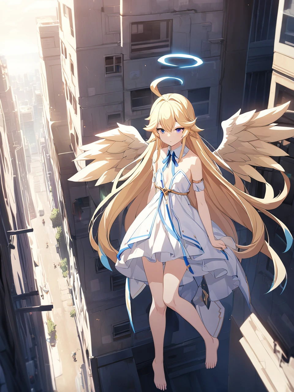 Zaora, blue eyes, (Variegated eyes:0.5), Blonde, Very long hair, Twin Blade, bangs, Ahoge, Hello, Angel, Flat Chest, White Dress, Belly button cutout, Detachable collar, Strapless, Neck ribbon, Bare shoulders, Angel wings, barefoot, One girl, Solo Break Space, City, Depth of written boundary, Cinematic, masterpiece, Highest quality, Game CG