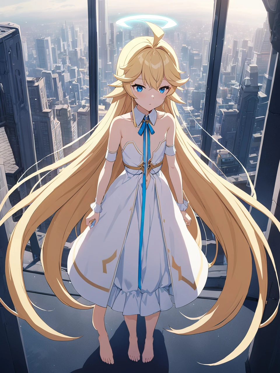 Zaora, blue eyes, (Variegated eyes:0.5), Blonde, Very long hair, Twin Blade, bangs, Ahoge, Hello, Angel, Flat Chest, White Dress, Belly button cutout, Detachable collar, Strapless, Neck ribbon, Bare shoulders, Angel wings, barefoot, One girl, Solo Break Space, City, Depth of written boundary, Cinematic, masterpiece, Highest quality, Game CG