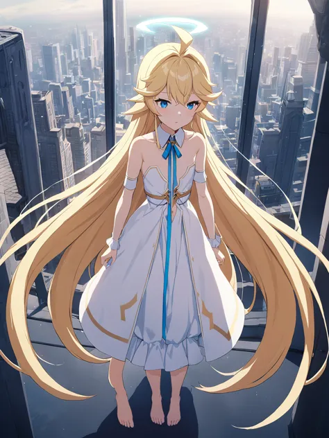 zaora, blue eyes, (variegated eyes:0.5), blonde, very long hair, twin blade, bangs, ahoge, hello, angel, flat chest, white dress...