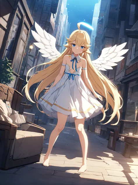 zaora, blue eyes, (variegated eyes:0.5), blonde, very long hair, twin blade, bangs, ahoge, hello, angel, flat chest, white dress...