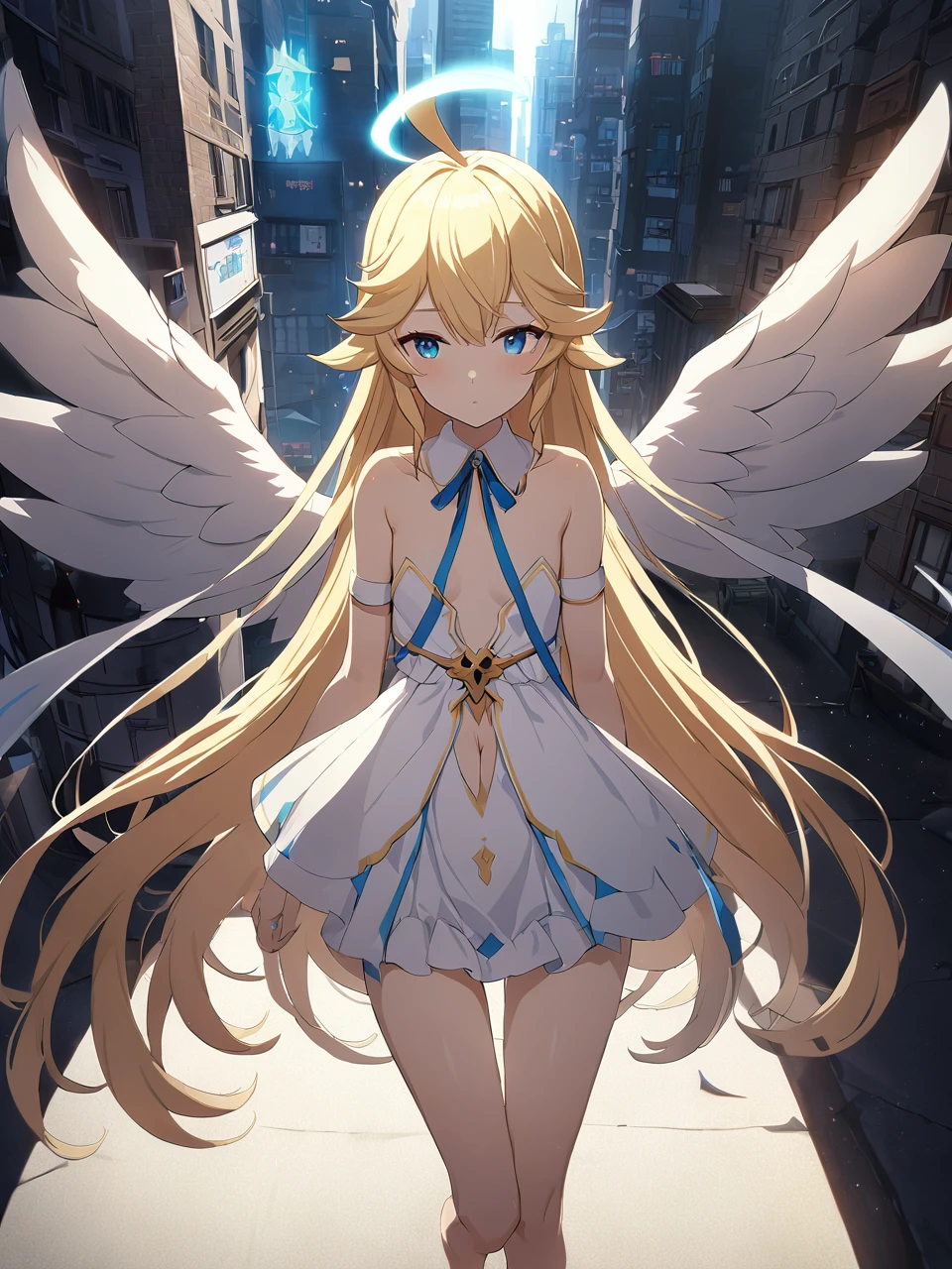 Zaora, blue eyes, (Variegated eyes:0.5), Blonde, Very long hair, Twin Blade, bangs, Ahoge, Hello, Angel, Flat Chest, White Dress, Belly button cutout, Detachable collar, Strapless, Neck ribbon, Bare shoulders, Angel wings, barefoot, One girl, Solo Break Space, City, Depth of written boundary, Cinematic, masterpiece, Highest quality, Game CG