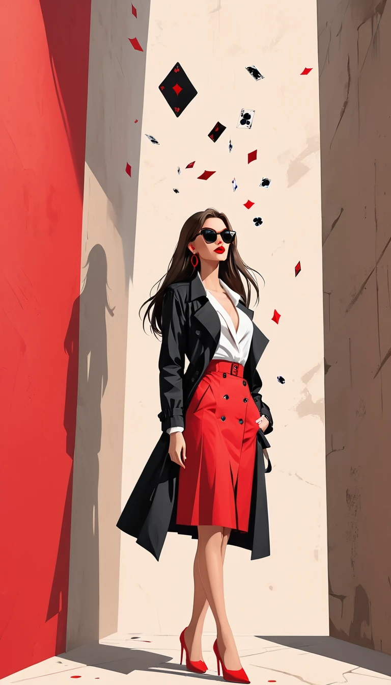 Cards floating in the air，Poker：1.5.Simple vector illustration，Beautiful girl standing against the wall，Delicate red lips，unique，confidence，Long straight hair，sunglasses，Exaggerated earrings，unique，Staring at the audience），（(Black deep V trench coat：1.37，Red bottoming skirt)）。Looking from the bottom up，Geometric Light and Shadow，Clean and simple red background，watch