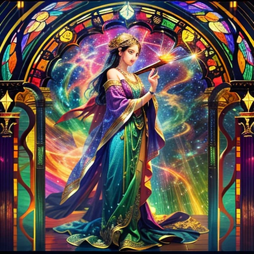 (Masterpiece, TopQuality,Official art, Beautiful and aesthetic:1.2), ExtremelyDetailed a Goddess BREAK Stunning Elaborate Stained Glass Art, Colored Glass, Lead Line, Light transmission Break Bright colors, intricate designs, luminous effect, Spiritual atmosphere