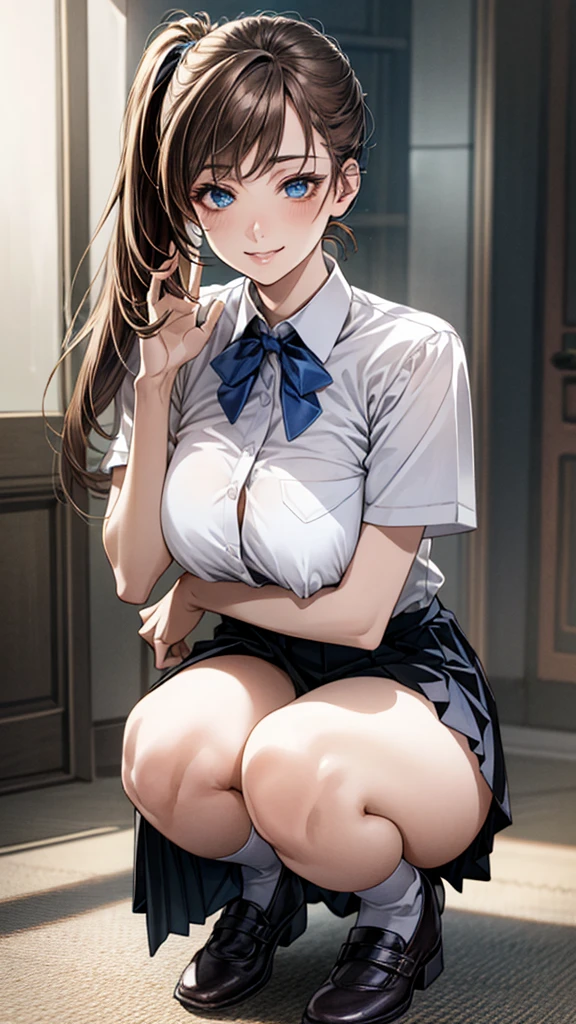 (Masterpiece:1.2, Top Quality, Super Hi-Res, Super Detail), (Realistic, Realistic:1.4), Beautiful Illustration, Perfect Lighting, Colorful, Depth of Field,
Beautiful hair, beautiful face, beautiful eyes, beautiful collar bone, beautiful body, beautiful breasts, beautiful thighs, beautiful legs, beautiful fingers,
1 girl, Japanese, high school girl, perfect face, (perfect anatomy, anatomically correct), cute and symmetrical face,,, shiny skin,
(long hair: 1.7, side ponytail: 1.6, light brown hair), asymmetrical bangs, blue eyes, long eye lids, , (medium breasts), slender,
(light blue short-sleeved shirt with collar, navy pleated skirt, blue bow tie), light blue striped panties,
(beautiful scenery), evening, (shopping mall), squatting, (lovely smile, upbeat, ), big , nsfw