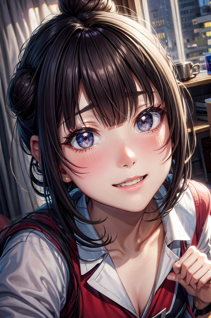 Drill Hair, curtained hair, Hair Bun, Big Hair, Medium Hair, リボンHair Bunド, Heart-shaped pupils, Raise your eyebrows, smile, Pursed lips, Surrealism, Renaissance, anime, anime style, Cinema Lighting, Depth of written boundary, God&#39;s Rays, Cast a Shadow, Fujicolor, First Person View, throw, Wide-angle, anime style, Surrealism, 超High resolution, retina, masterpiece, Accurate, Textured skin, Attention to detail, High resolution, 16K