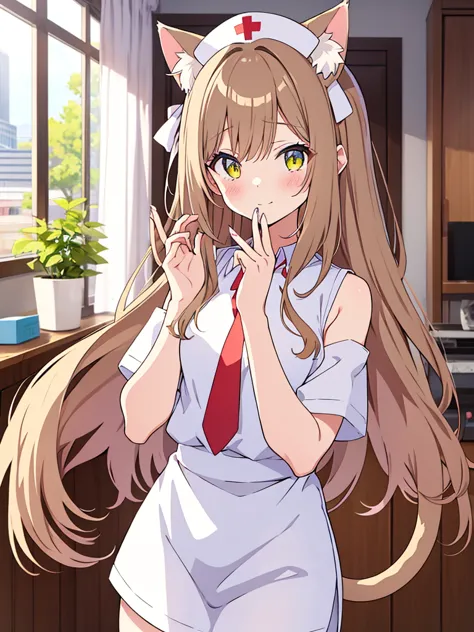 an anime girl with cat ears and a cat tail, dressed as a nurse. she has long, straight light brown hair that falls softly over h...