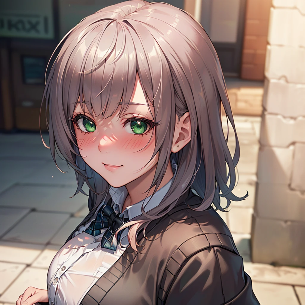 ((chef-d&#39;œuvre, Meilleure qualité, haute résolution, UHD, pixel parfait, profondeur de champ, 4k, RTX, HDR))), 1fille, célibataire, seulement, belle fille animée, beau style artistique, personnage d&#39;anime, ((cheveux longs, frange, cheveux bruns, cheveux bouclés:0.8)), ((yeux verts:1.4, yeux arrondis, de beaux cils, Yeux réalistes)), ((Visage détaillé, rougir:1.2)), ((texture lisse:0.75, texture réaliste:0.65, Photoréaliste:1.1, Style d&#39;animation de synthèse)), seins moyens, Angle dynamique, corps parfait, ((portrait, Point de vue)), ((noeud papillon rouge, , Veste noire, veste ouverte, gilet marron, chemise blanche, jupe noire, jupe à carreaux)), sourire, parc d&#39;attractions